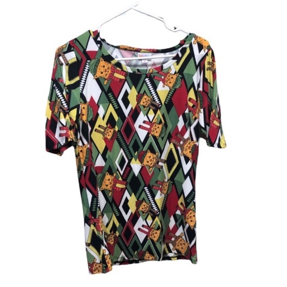 LuLaRoe Tops - LULAROE Multicolor Geometric CHRISTMAS Cat Short Sleeve TOP Size Medium